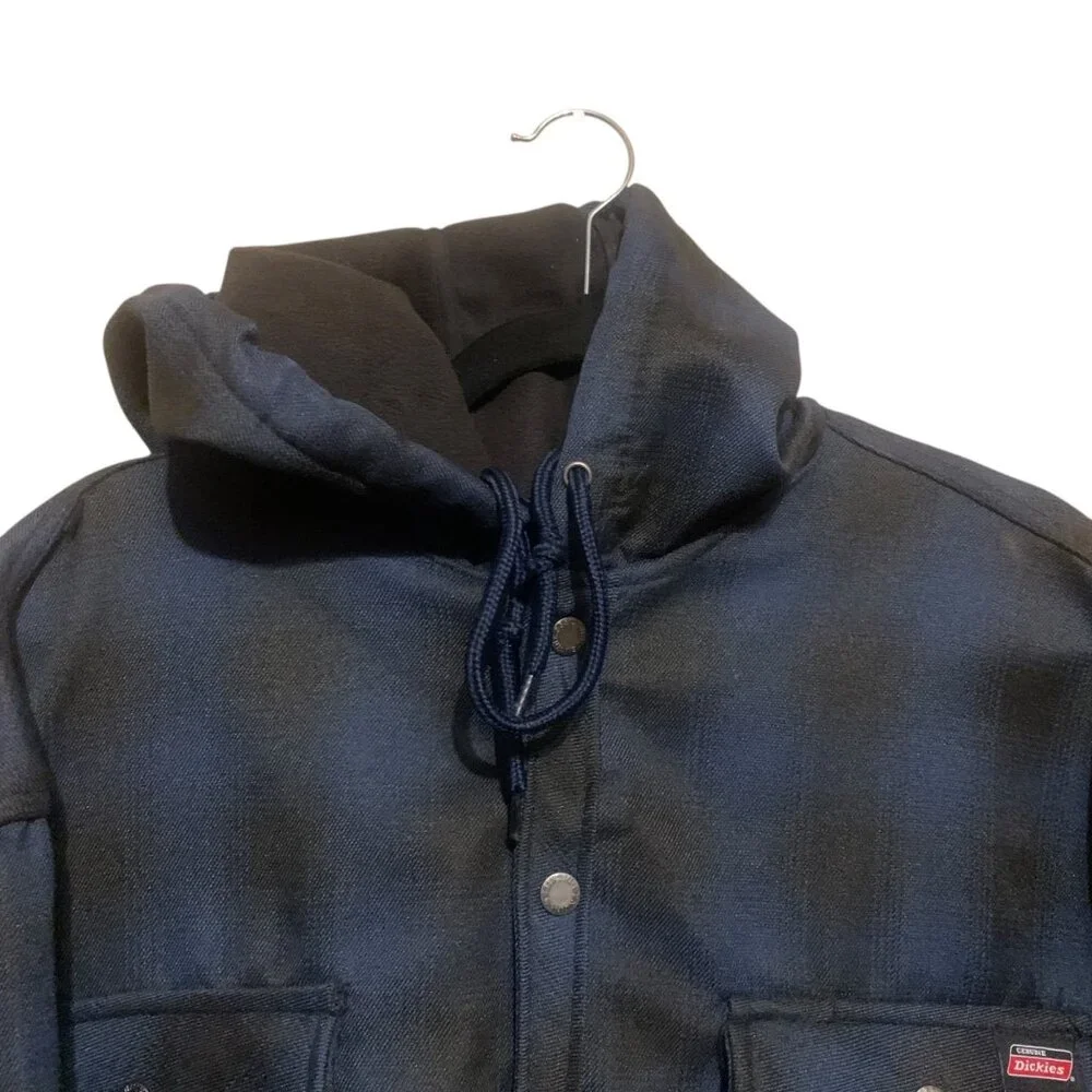 Dickies Mens Jacket 2XL Blue & Black Plaid Hooded Fleece Lining Chore - Picture 2 of 10